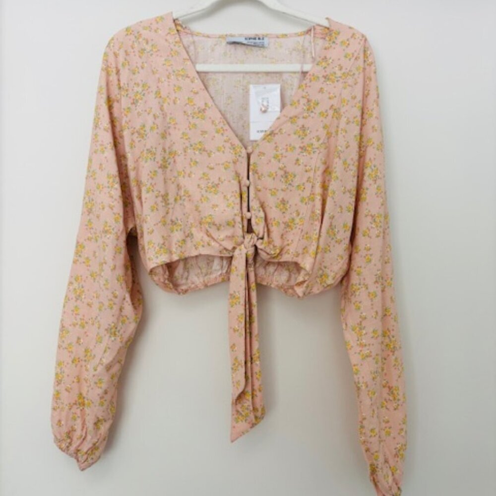 Sophie Rue Pink Ditsy Floral Waist Tie Crop Top size XS